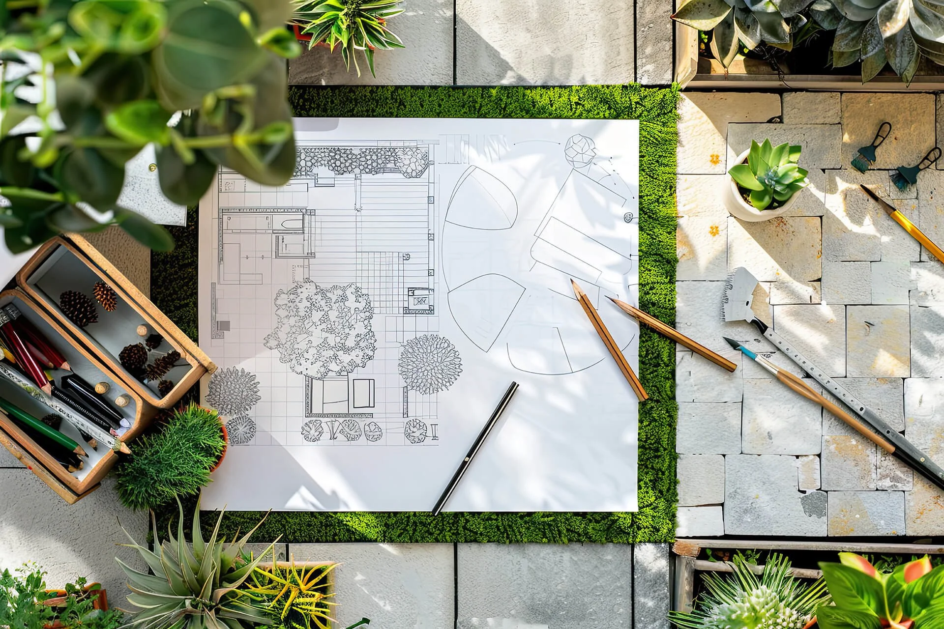 Garden design proposal sketch with tools and plants on table