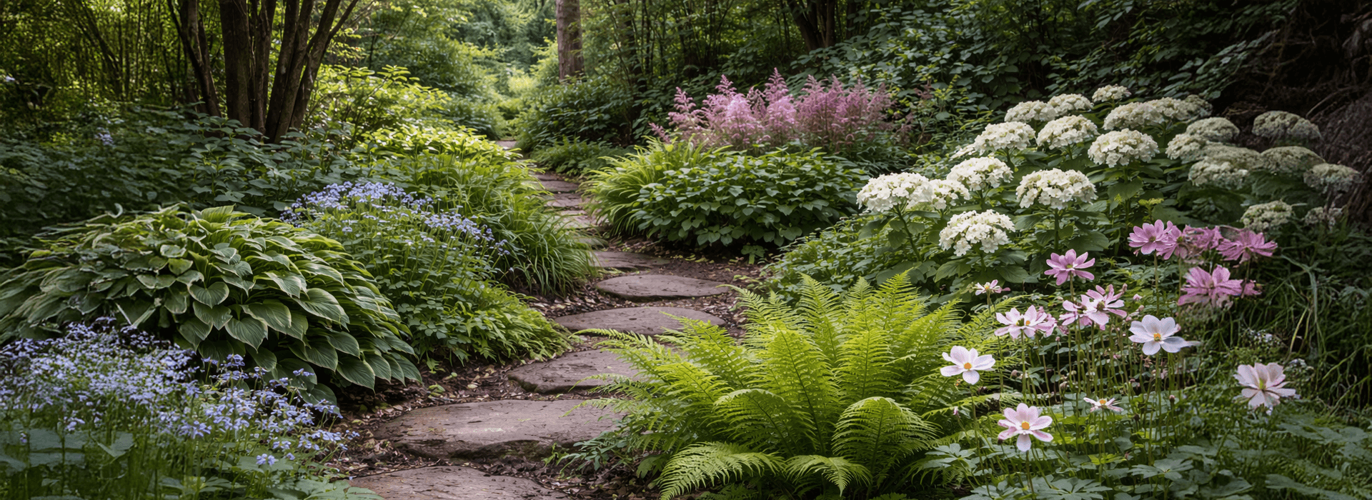 Shaded woodland garden with a winding stone path and layered shade-loving planting.