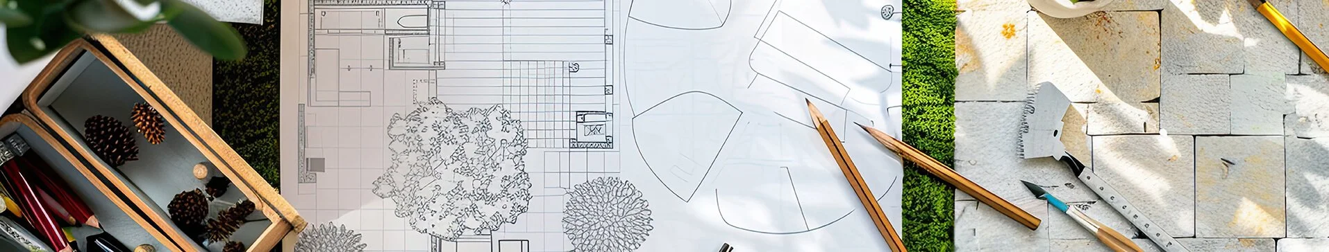 Garden design plans and sketches on a desk with pencils, material samples, moss, and pinecones for winter planning inspiration
