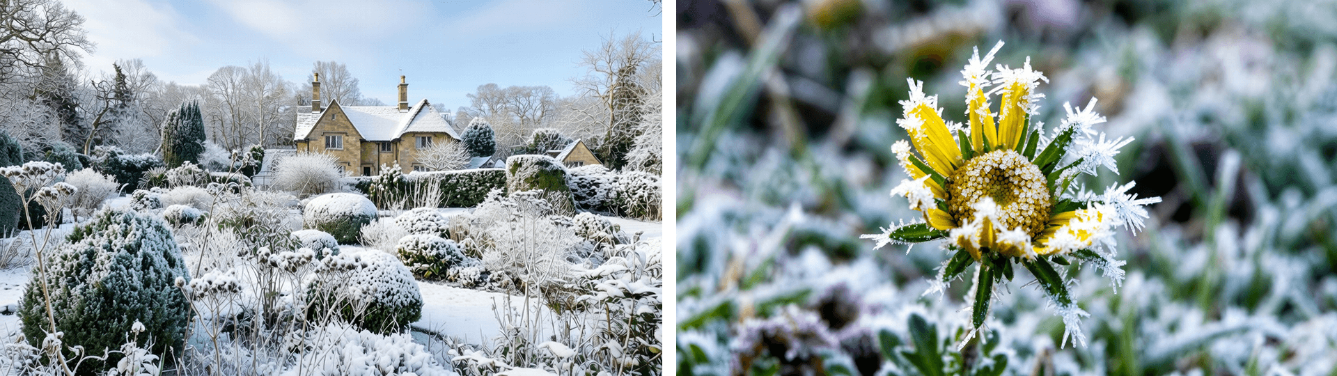 Split image of a snowy winter garden with stone cottage and bare trees (left) and close-up of a frost-covered yellow flower (right).