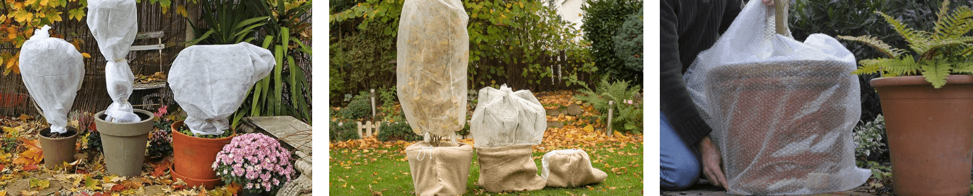 Collage of frost protection methods for garden plants: potted plants covered in horticultural fleece, hessian sacks, and bubble wrap insulation