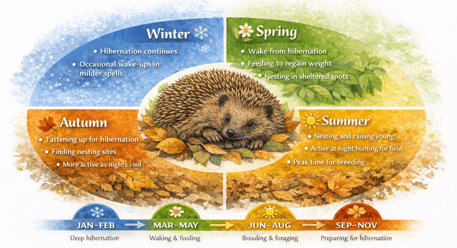 Infographic showing hedgehog activity across the year with four seasonal sections. Winter shows hibernation, spring shows waking and feeding, summer shows nesting and raising young, and autumn shows preparation for hibernation.