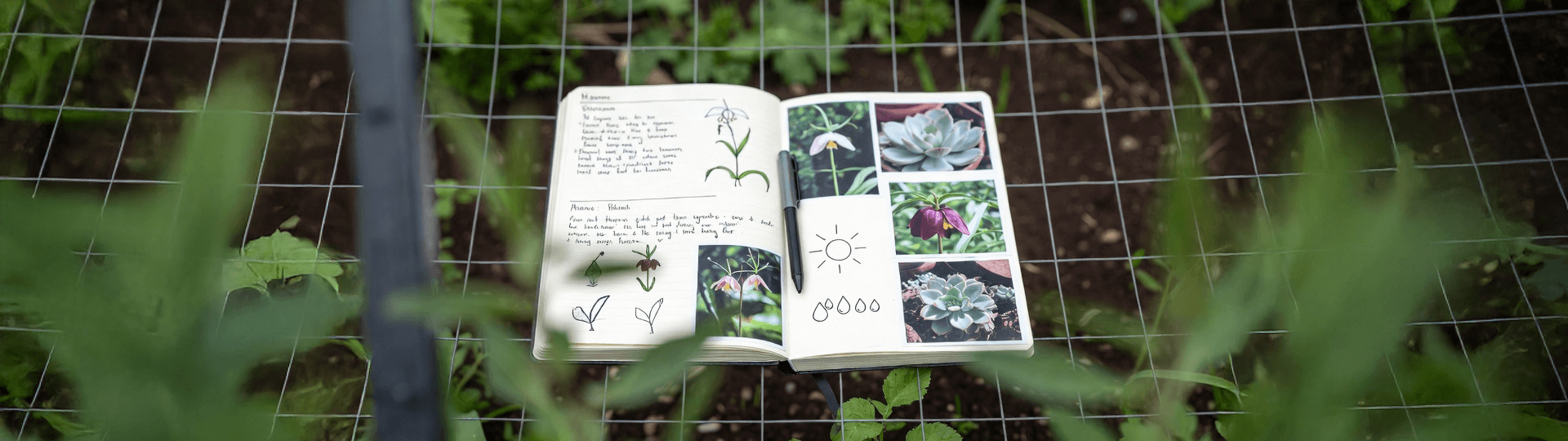 Open gardening journal with handwritten plant notes, sketches, care icons, and photos, placed on wire mesh in a vegetable garden border.