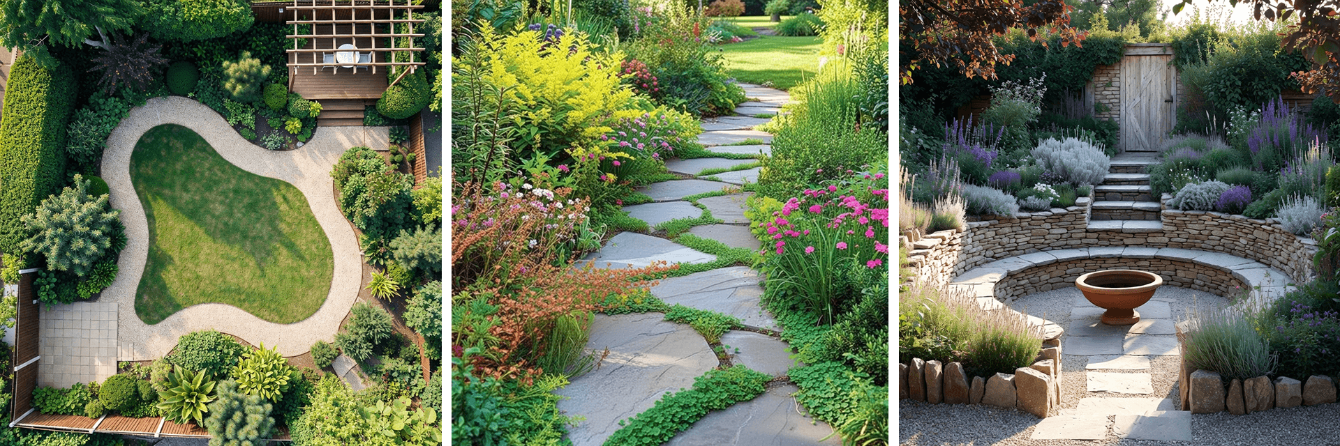 Garden layouts showing curved paths, stepping stone routes, and a small enclosed seating area.