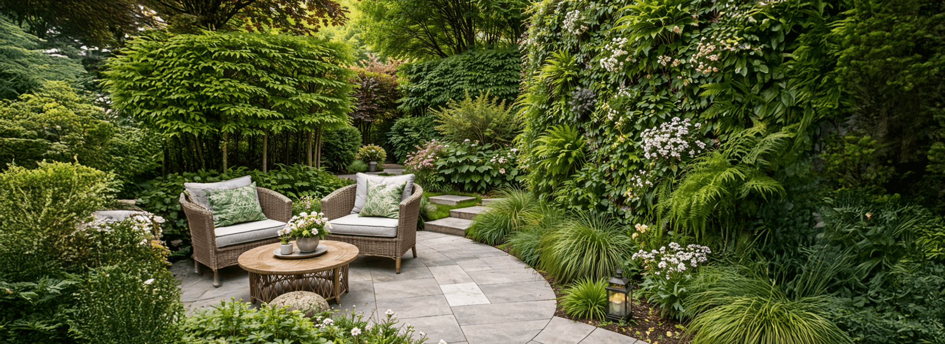 ush private garden with layered hedging and a living wall creating privacy from a nearby road.