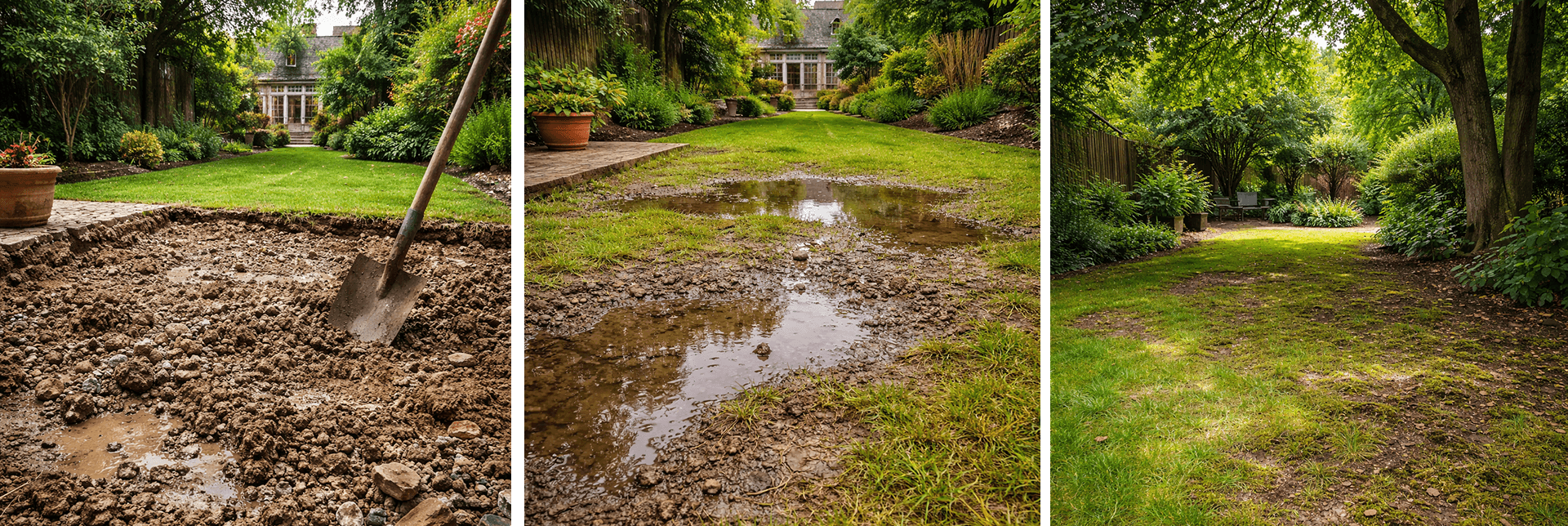 Three-panel backyard garden renovation: freshly dug muddy soil with shovel (left), large muddy puddle in churned earth (middle), finished smooth green lawn with neat borders and house (right).