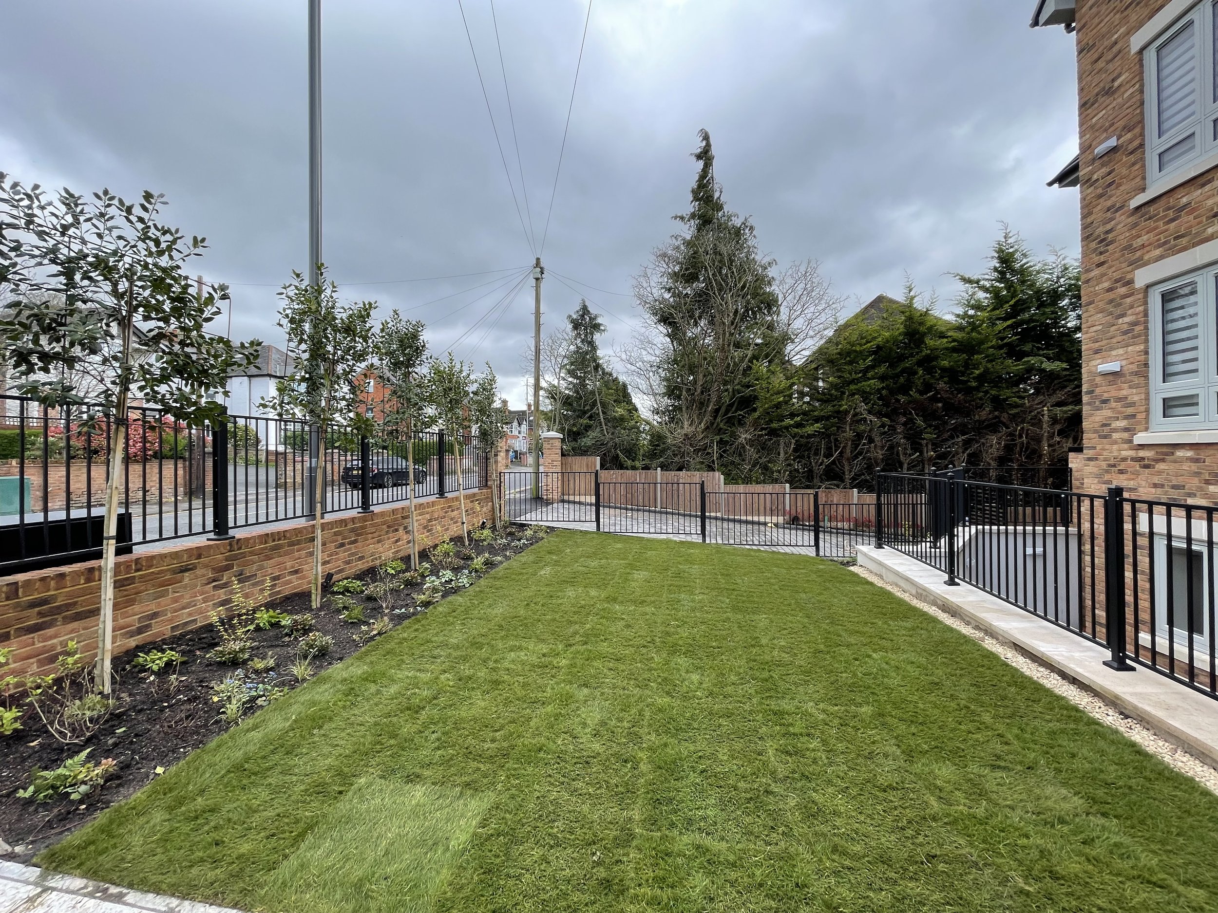 Large new-build garden in High Wycombe with freshly laid turf, pleached tree privacy screening, perennial borders and cobbled edging for commercial flats