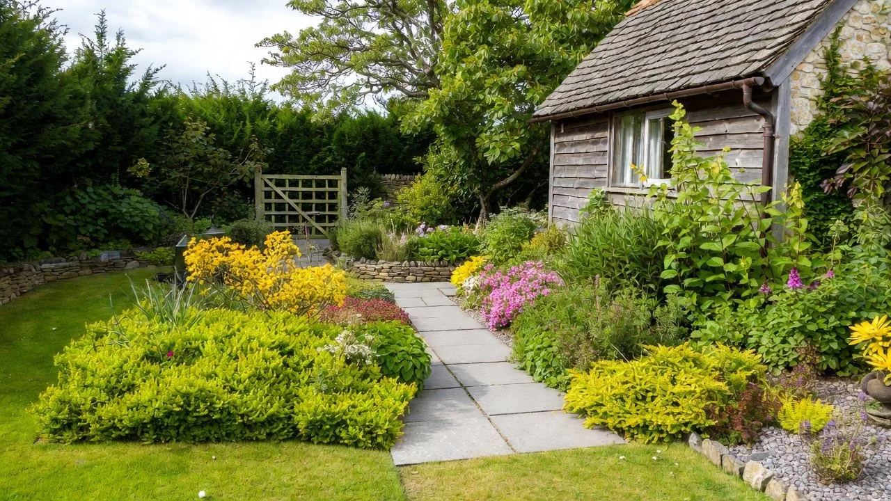 Oxfordshire garden with a paved path, layered planting and a timber outbuilding