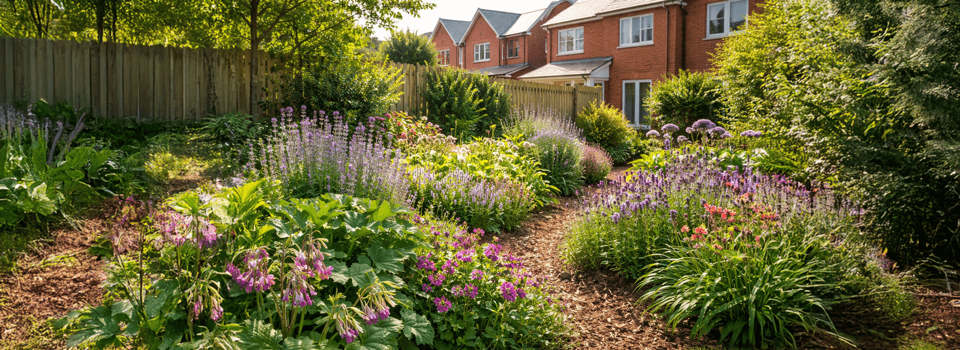 New-build garden border planted with comfrey, lavender, hardy geraniums, salvias and verbena, showing resilient planting without raised beds.