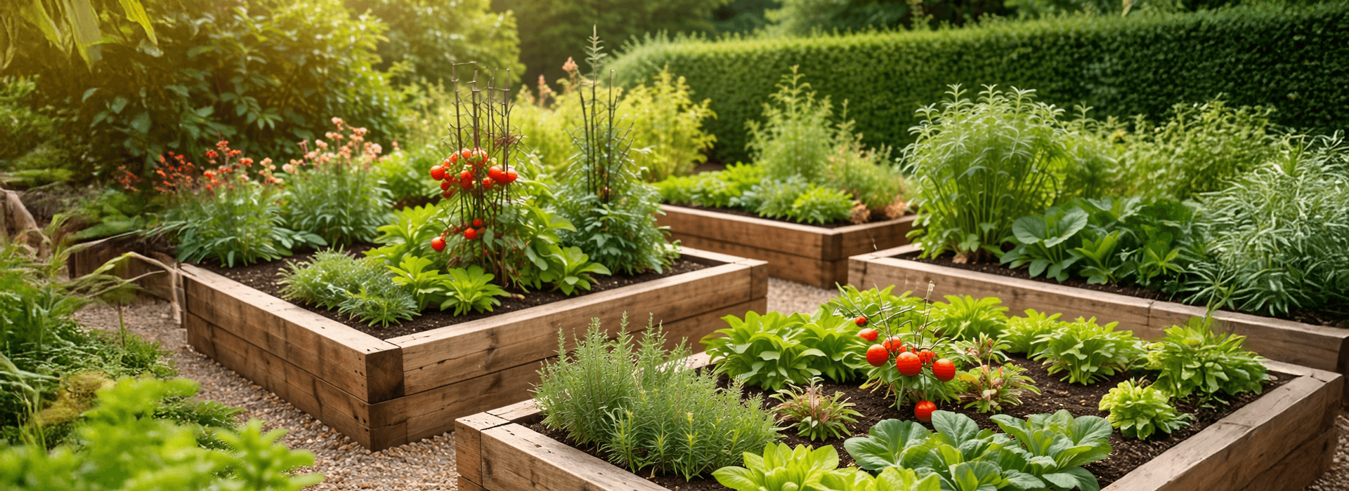 Timber raised beds planted with vegetables and herbs, showing effective drainage and soil improvement for clay gardens in Buckinghamshire.