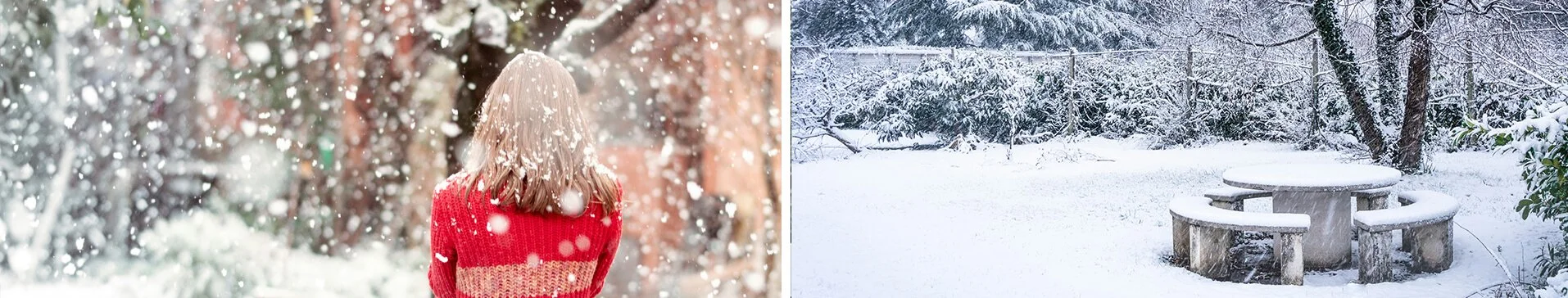 Two winter views for garden planning: someone watching snow fall outdoors and a quiet snow-blanketed garden featuring a table and trees
