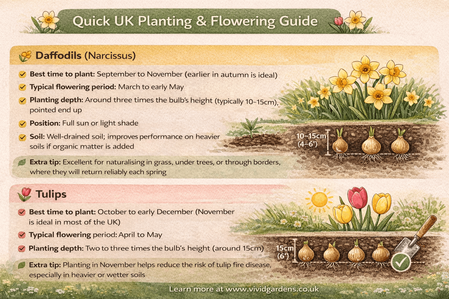 UK planting guide infographic showing when and how to plant daffodil and tulip bulbs, including planting depth, flowering times, and soil conditions.