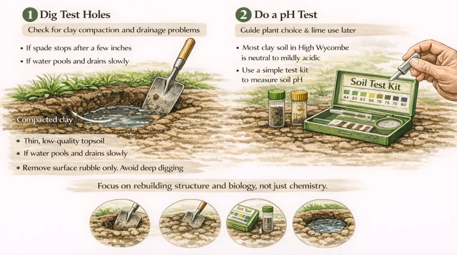 Illustrated guide showing how to assess poor soil in a High Wycombe new-build garden using test holes for compaction and drainage, and a simple pH test kit.