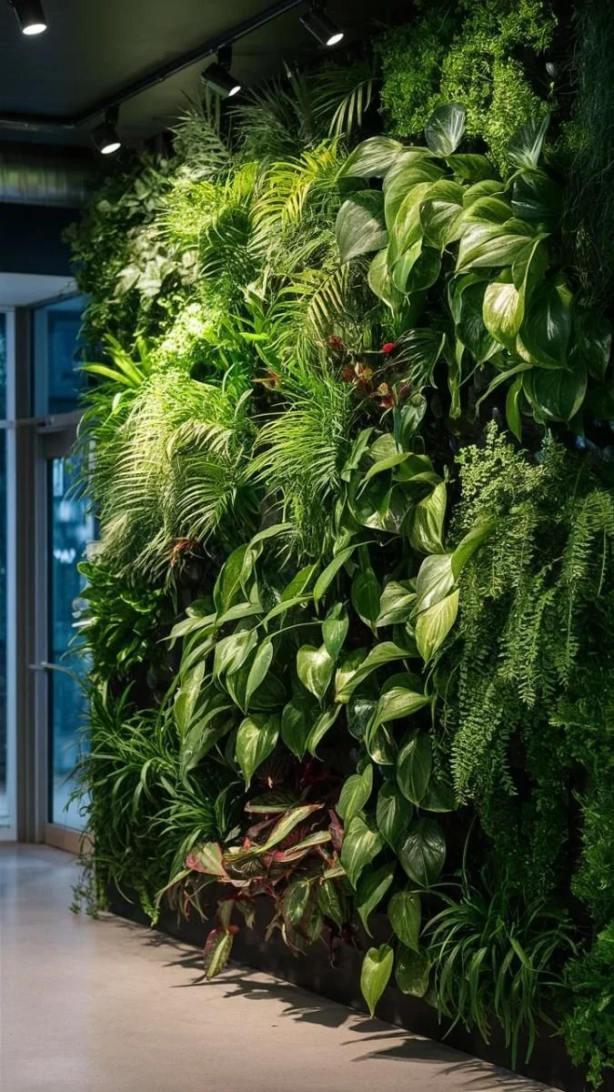Lush indoor living wall with tropical plants in modern office or home setting