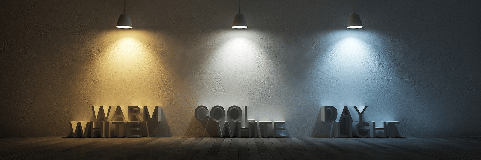 Three pendant lights comparing warm white, cool white and daylight colour temperatures