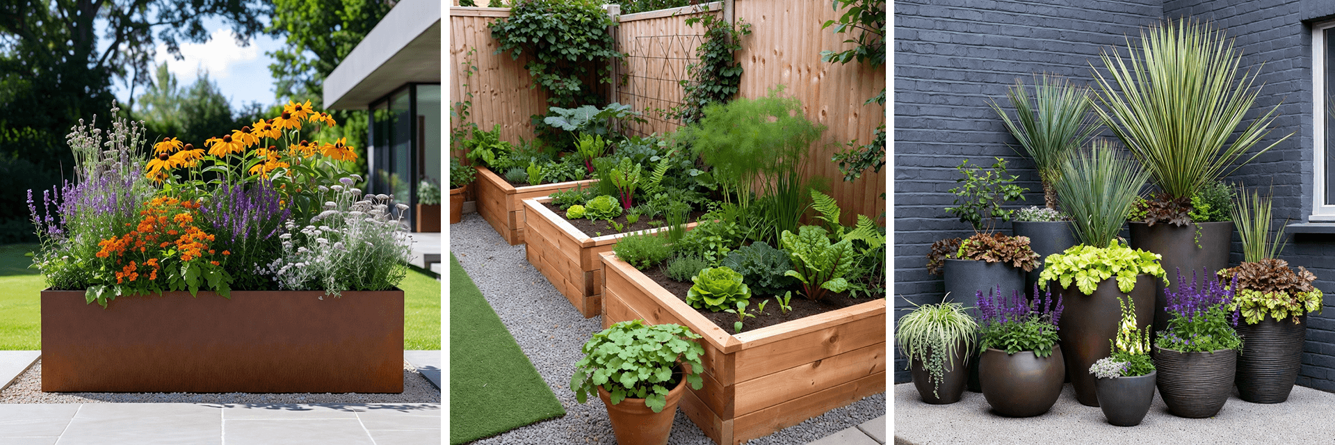 Large garden containers and raised beds planted with mixed foliage and flowering plants.