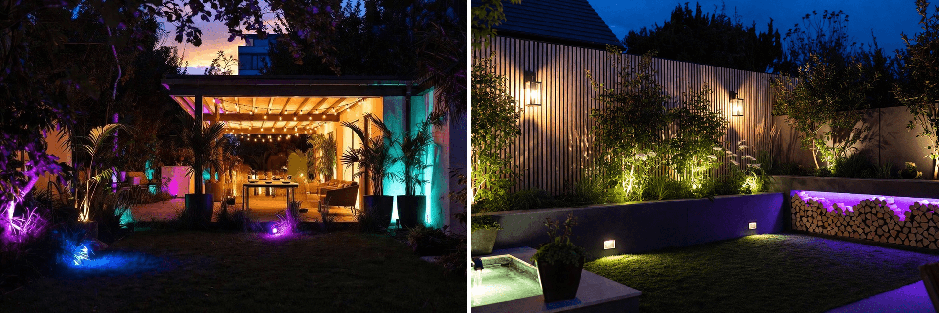 Smart uplights and festoon lighting on a garden pergola above an evening dining area