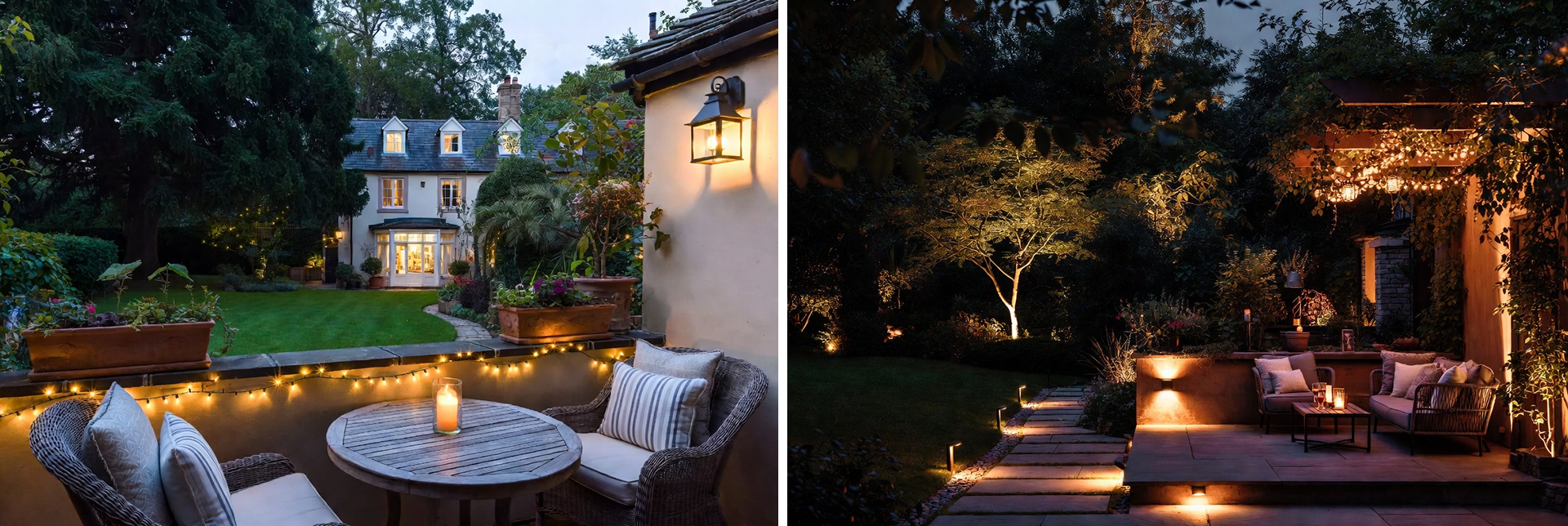 Warmly lit patio with festoon lights and evening seating in a Buckinghamshire garden at dusk