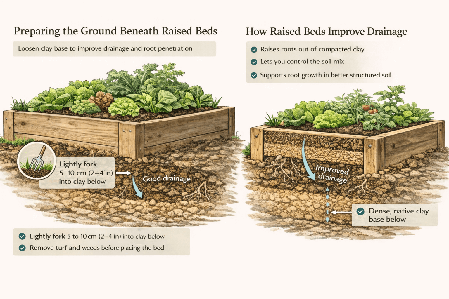 Illustrated infographic showing how to prepare clay soil beneath raised beds and how raised beds improve drainage by lifting roots above compacted clay and using a better structured soil mix.