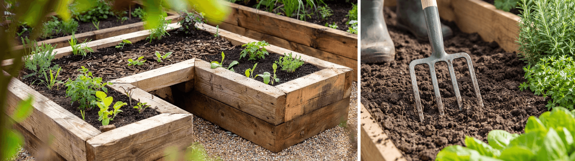 Gardener gently forking the surface of a raised bed to relieve compaction after winter rain on clay soil