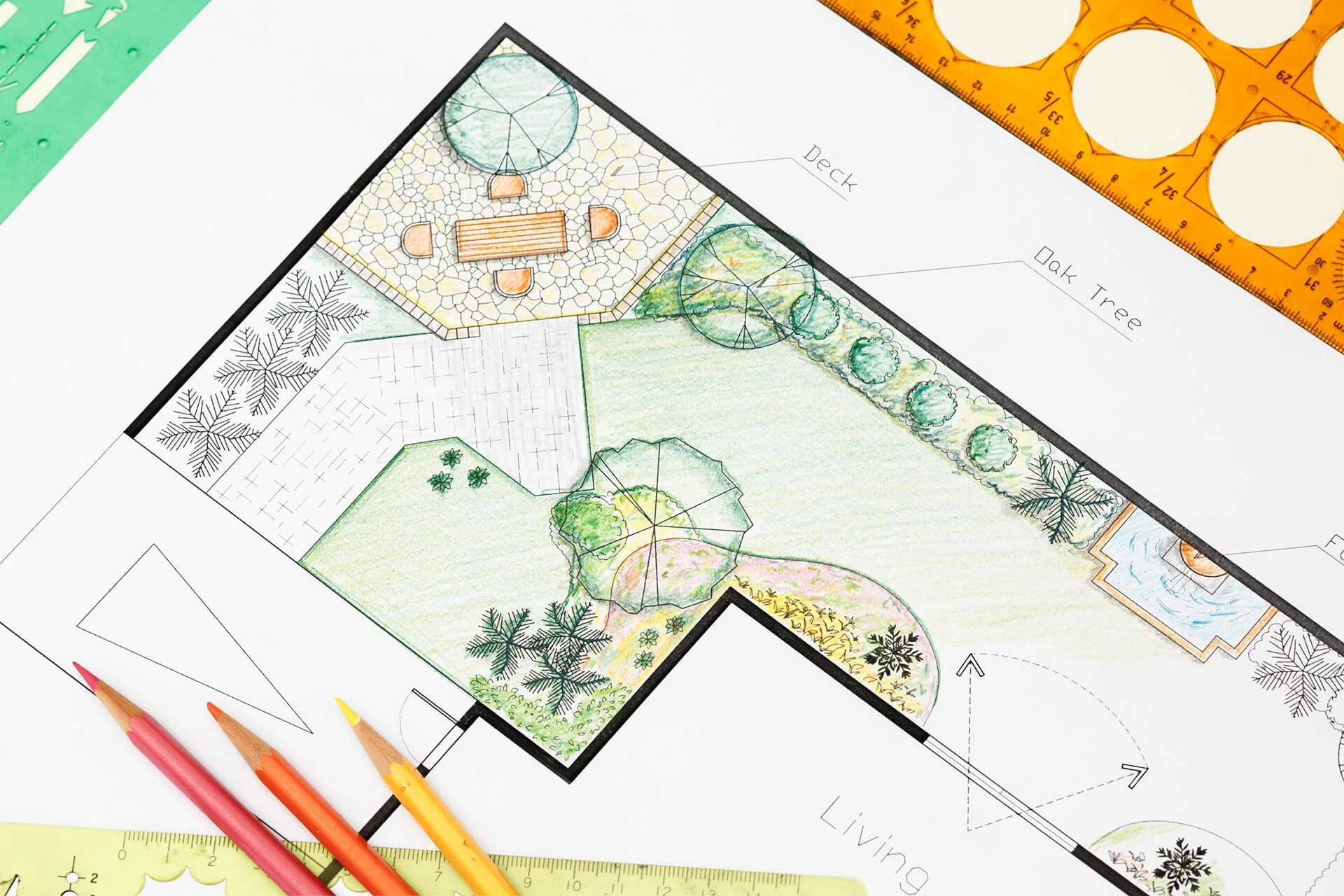 Detailed garden blueprint showing seating and planting zones