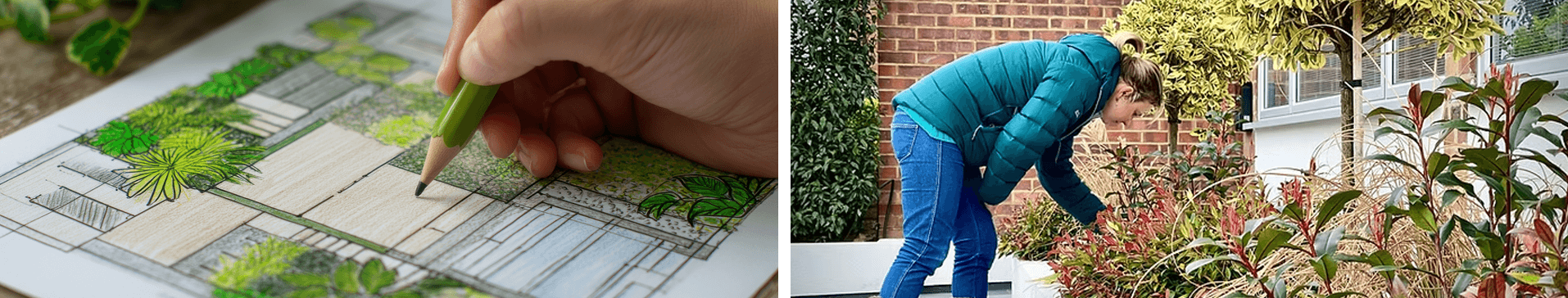 Split view of garden redesign planning: hand sketching a detailed landscape design on paper and a person assessing plants in an outdoor garden border during winter