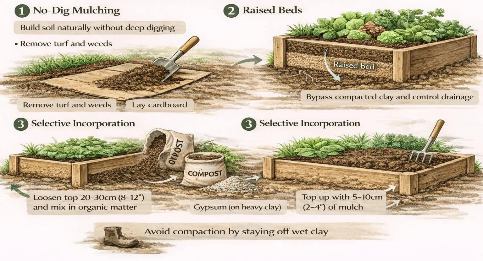 Infographic showing practical ways to improve poor soil in a High Wycombe new-build garden, including no-dig mulching, raised beds, selective soil improvement, and avoiding compaction on wet clay.