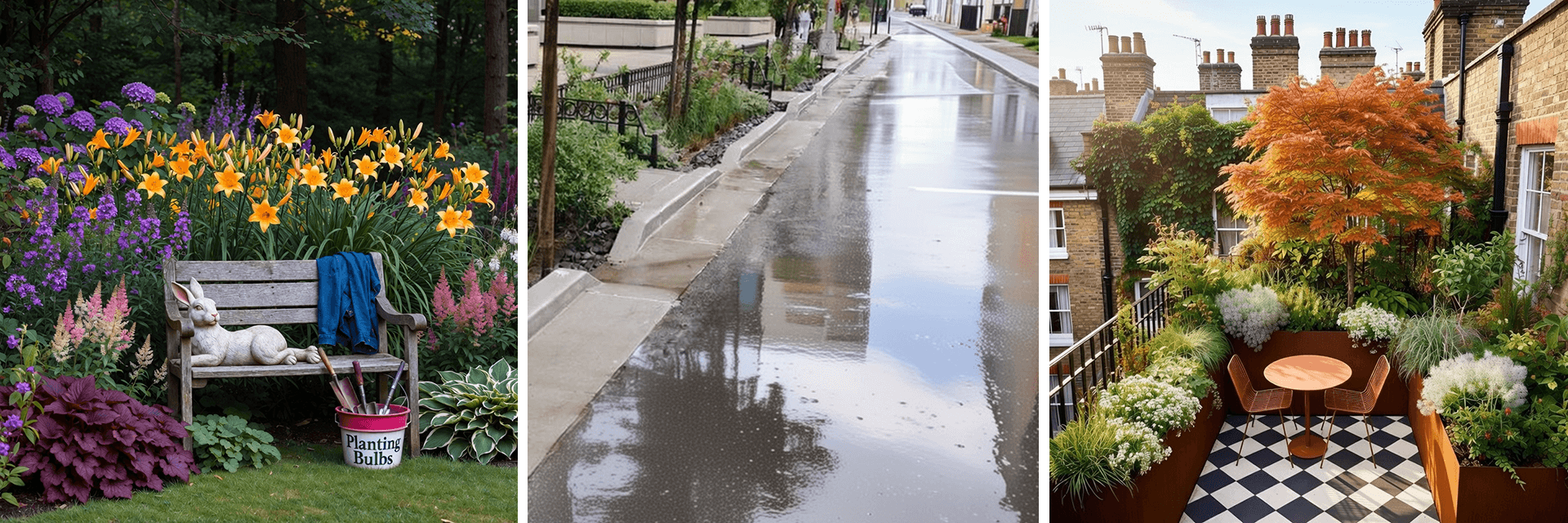 Garden scenes showing planting, surface water after rain, and a compact townhouse courtyard.