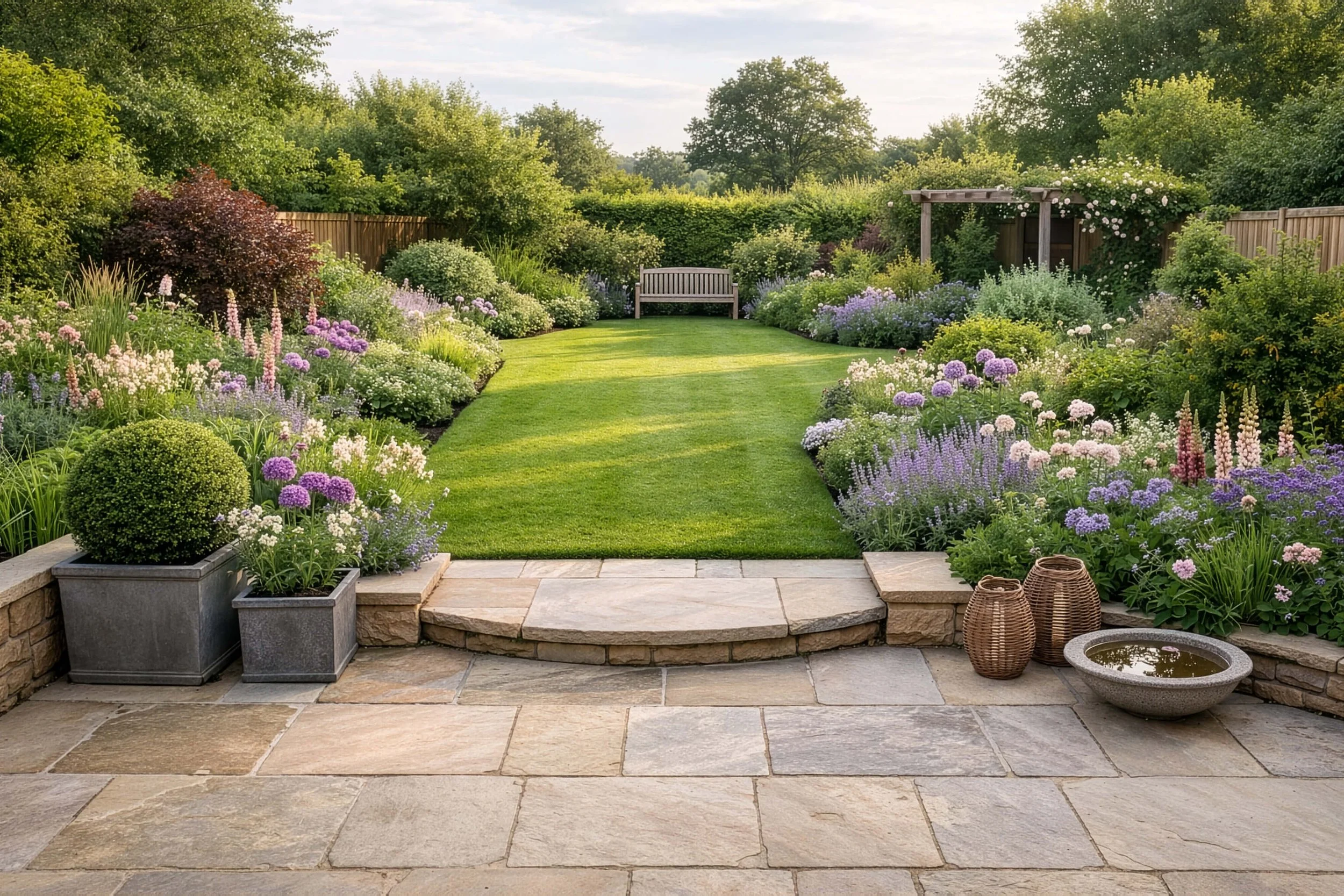 Aylesbury garden design with broad planting borders, curved lawn, stone terrace step and a calm family-friendly layout