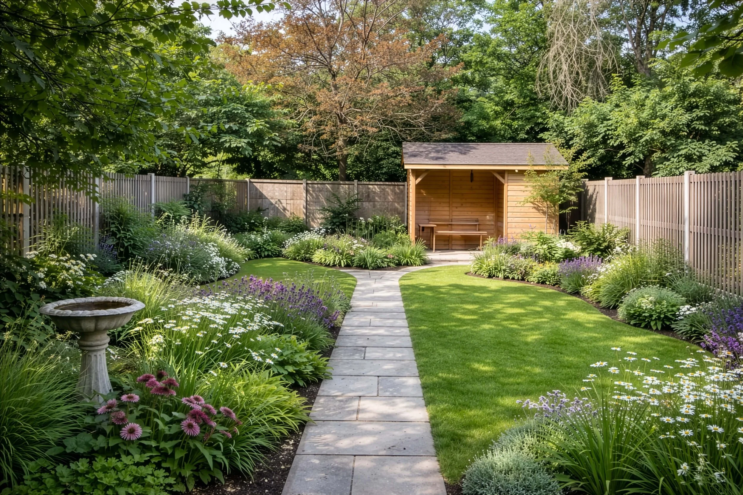 A thoughtfully redesigned Maidenhead garden with a clear central path leading to a timber garden room, framed by structured planting, softened lawn edges and layered borders that create a more cohesive, usable and visually settled outdoor space.