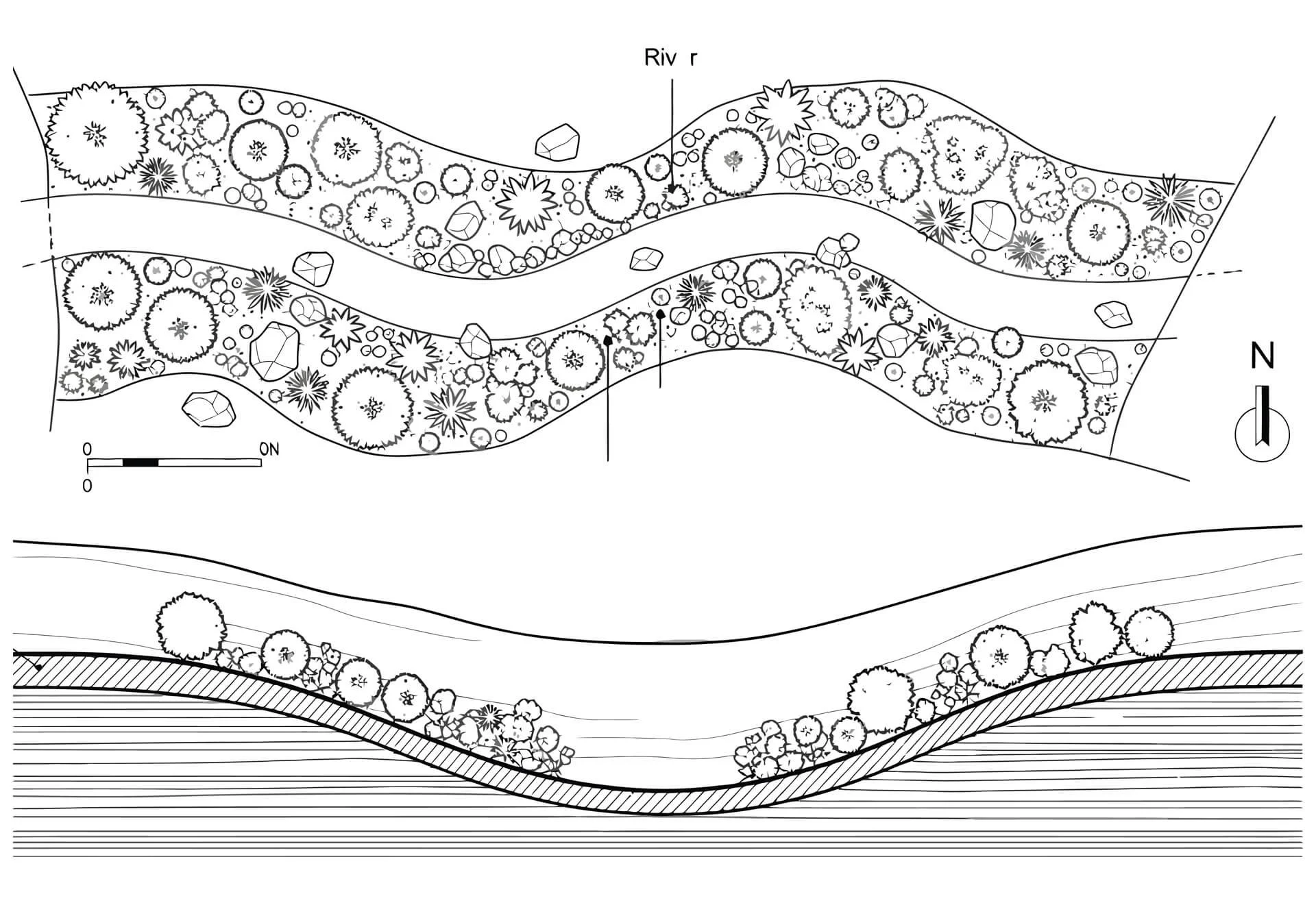 Garden site survey drawing showing levels and drainage