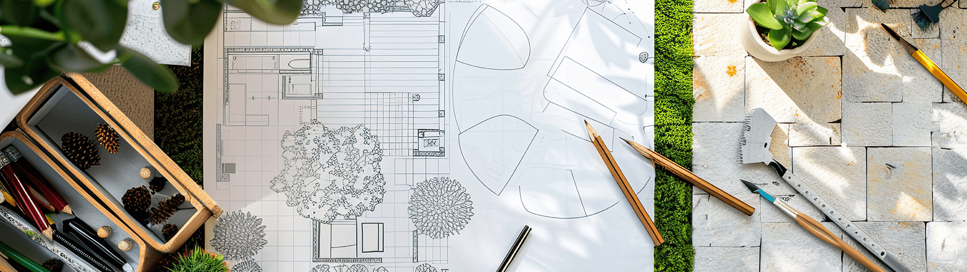 Garden design plans and sketches on a desk with pencils, material samples, moss, and pinecones for winter planning inspiration