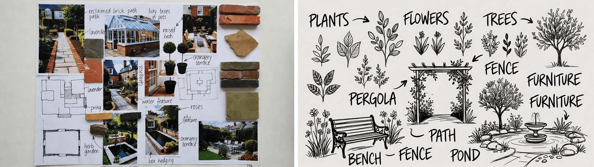 Collage of garden design mood board with photos, sketches, material samples, and hand-drawn icons for plants, paths, pergola, bench, pond, and furniture.