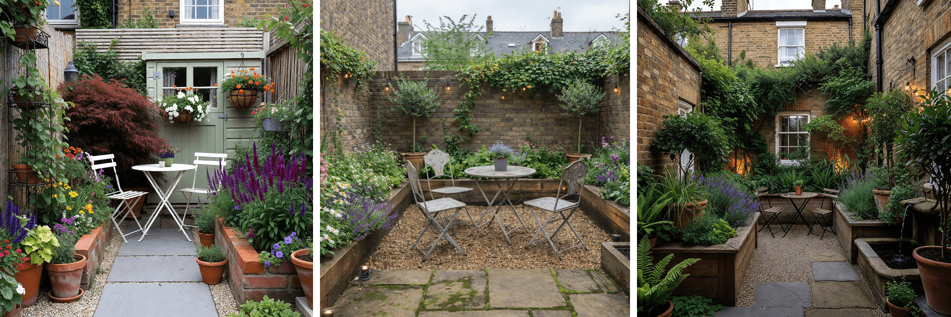 Three compact UK townhouse and terraced gardens with seating areas, brick boundaries, and layered planting.