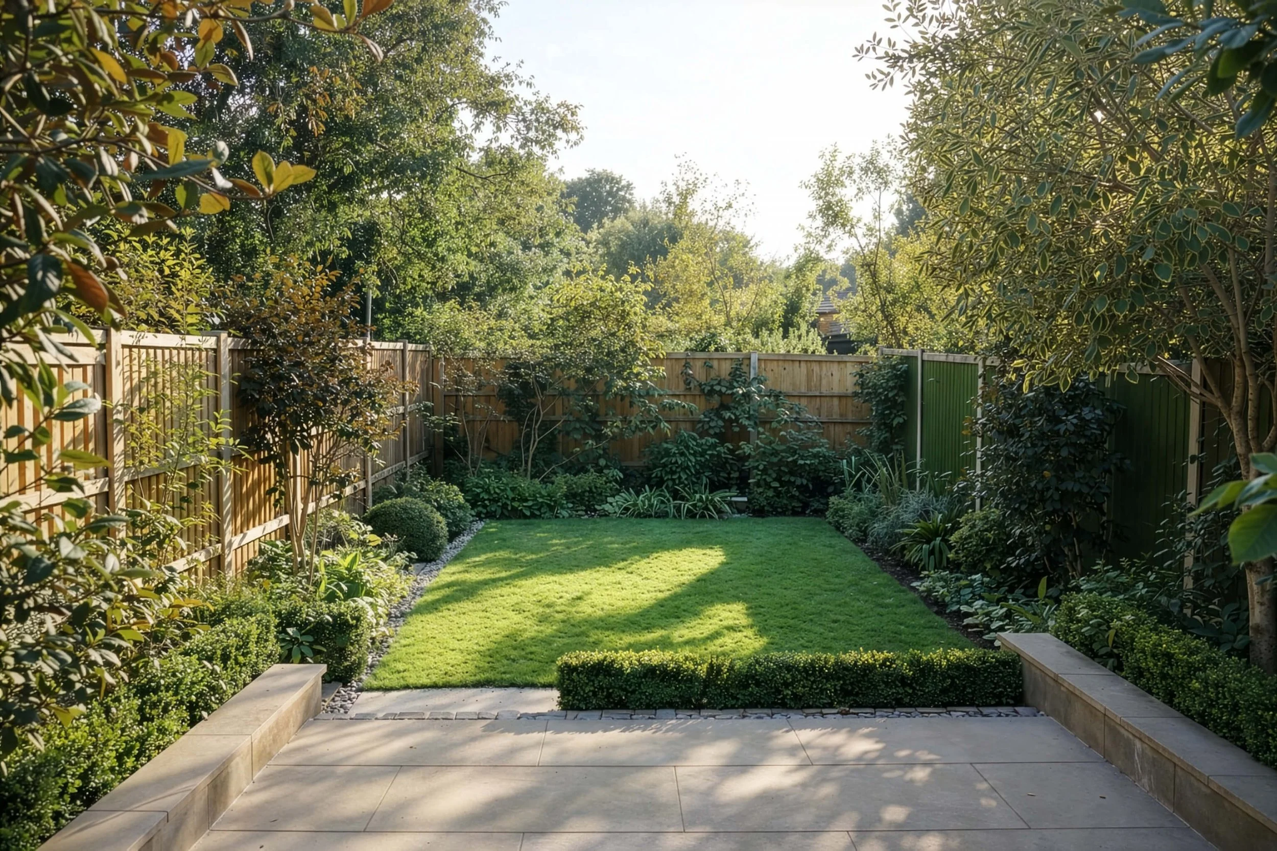 Bicester garden design with layered boundary planting, soft screening, a simple lawn and a calm, well-planned family layout