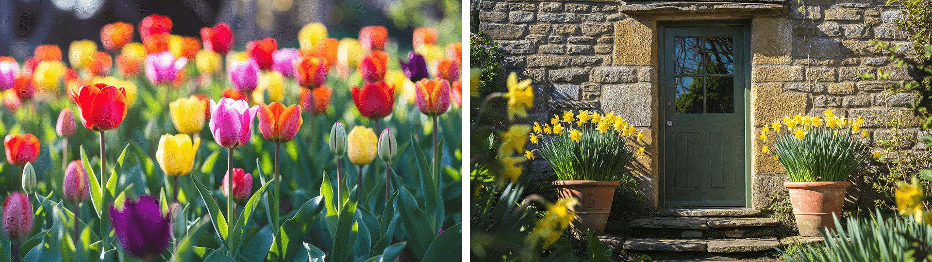 Split image of spring bulbs: vibrant multicoloured tulips in a flowerbed (left) and potted yellow daffodils welcoming at a stone cottage door (right).