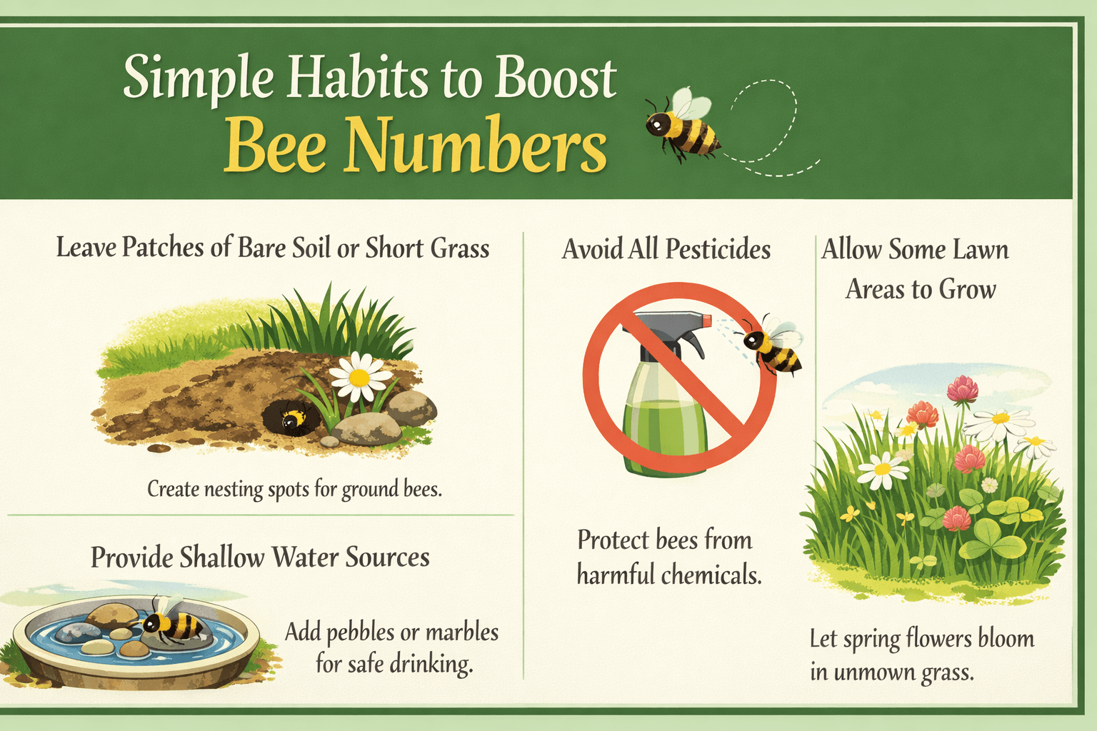 Simple habits to boost bee numbers infographic showing nesting patches, pesticide avoidance, shallow water, and leaving some lawn uncut.