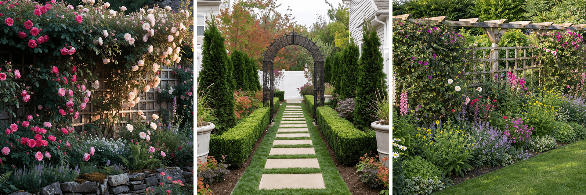 Climbers and flowering plants trained on trellis and garden structures to screen boundaries.