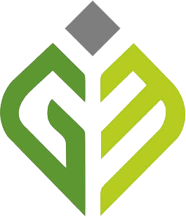 A stylized green and white geometric logo resembling a plant or leaf with a gray cube above it.