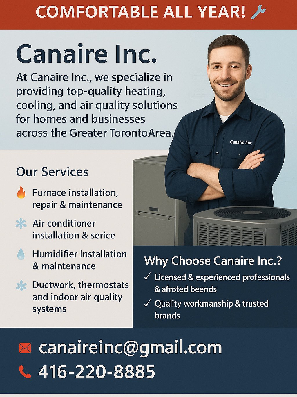 A business advertisement for Canaire Inc., a heating, cooling, and air quality solutions company in the Greater Toronto Area. The ad features a smiling man in a navy uniform shirt with the company's logo, standing with arms crossed next to HVAC equip
