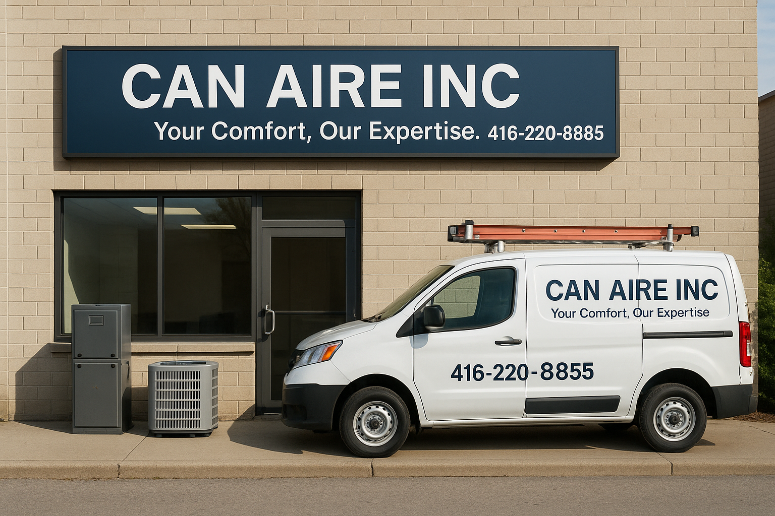 White service van with company branding parked outside a beige brick building with a large blue sign reading 'CAN AIRE INC' and the slogan 'Your Comfort, Our Expertise' along with the phone number 416-220-8855.