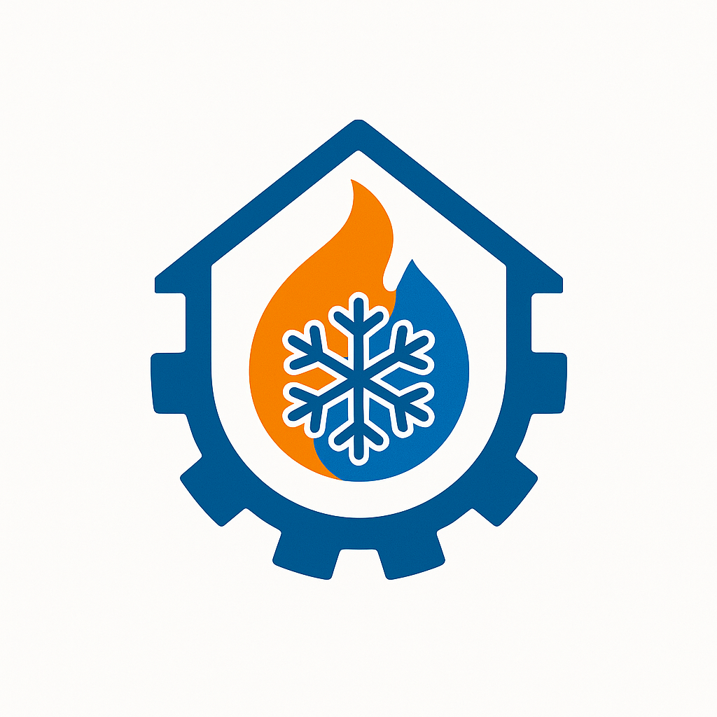 Logo with a blue house outline, inside a droplet with a flame on one side and a snowflake on the other.