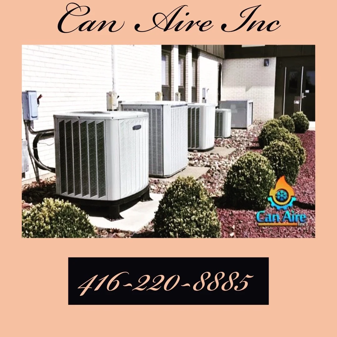 Outdoor view of air conditioning units next to a building with shrubs in front for Can Aire Inc.