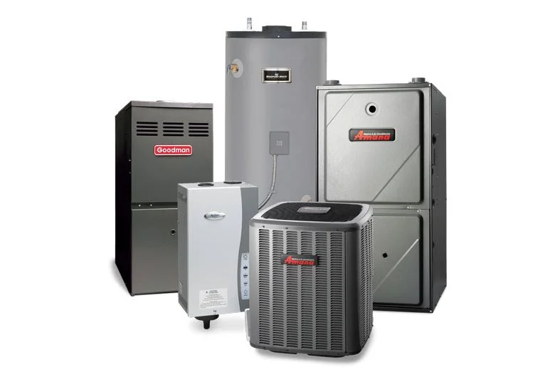 A collection of HVAC equipment including a Goodman furnace and an Amana air purifier.