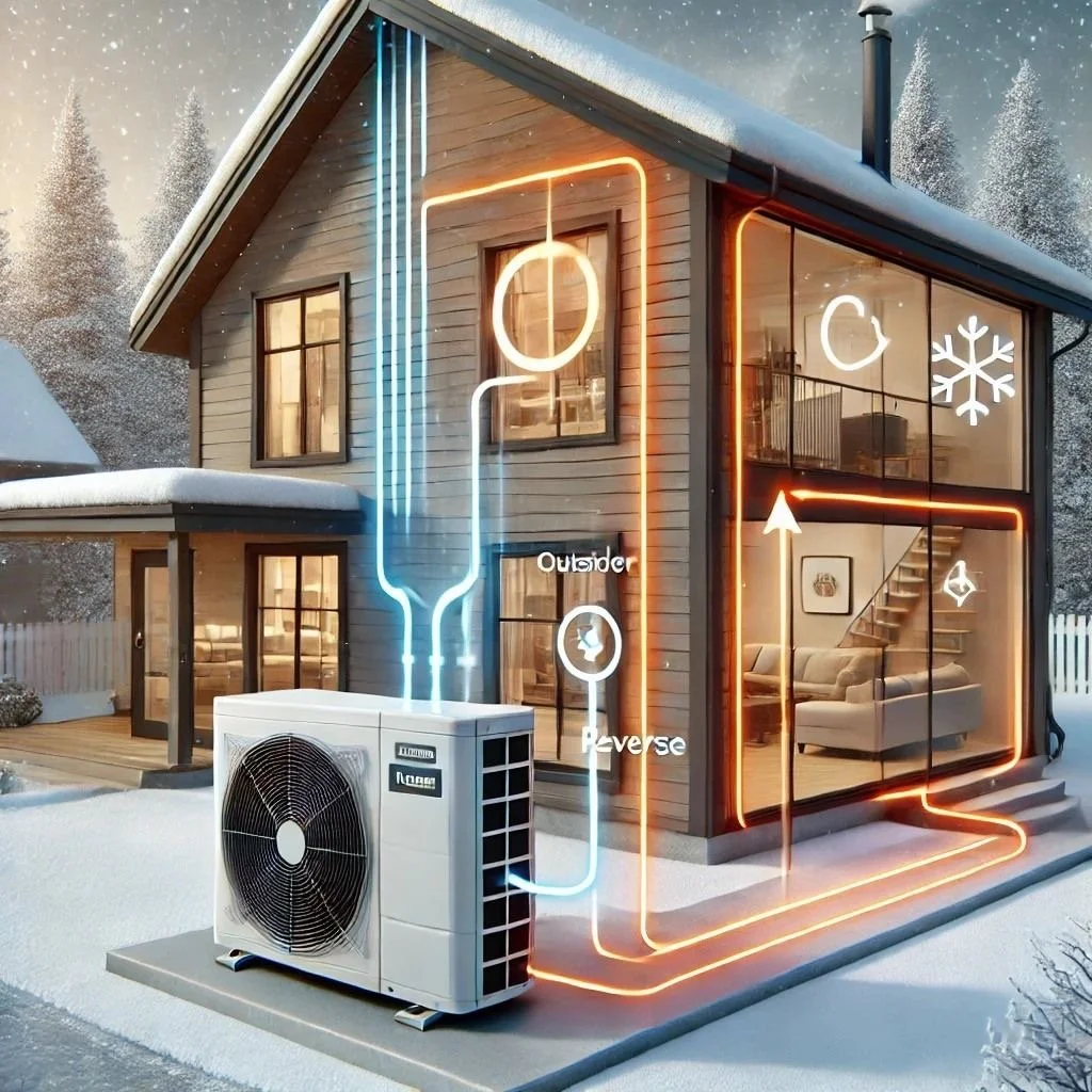 A diagram of a heat pump system outside a snowy house showing the flow of refrigerant with colored lines, indicating heating and cooling modes.