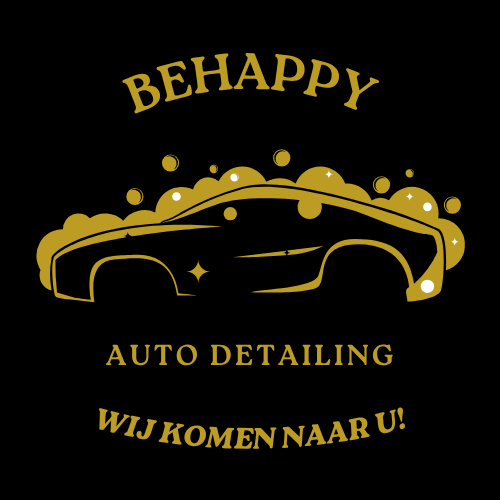 Logo van een autowasbedrijf met een glanzende auto en de tekst 'BEHAPPY AUTO DETAILING WIJ KOMEN NAAR U!' in goudkleur op een zwarte achtergrond.