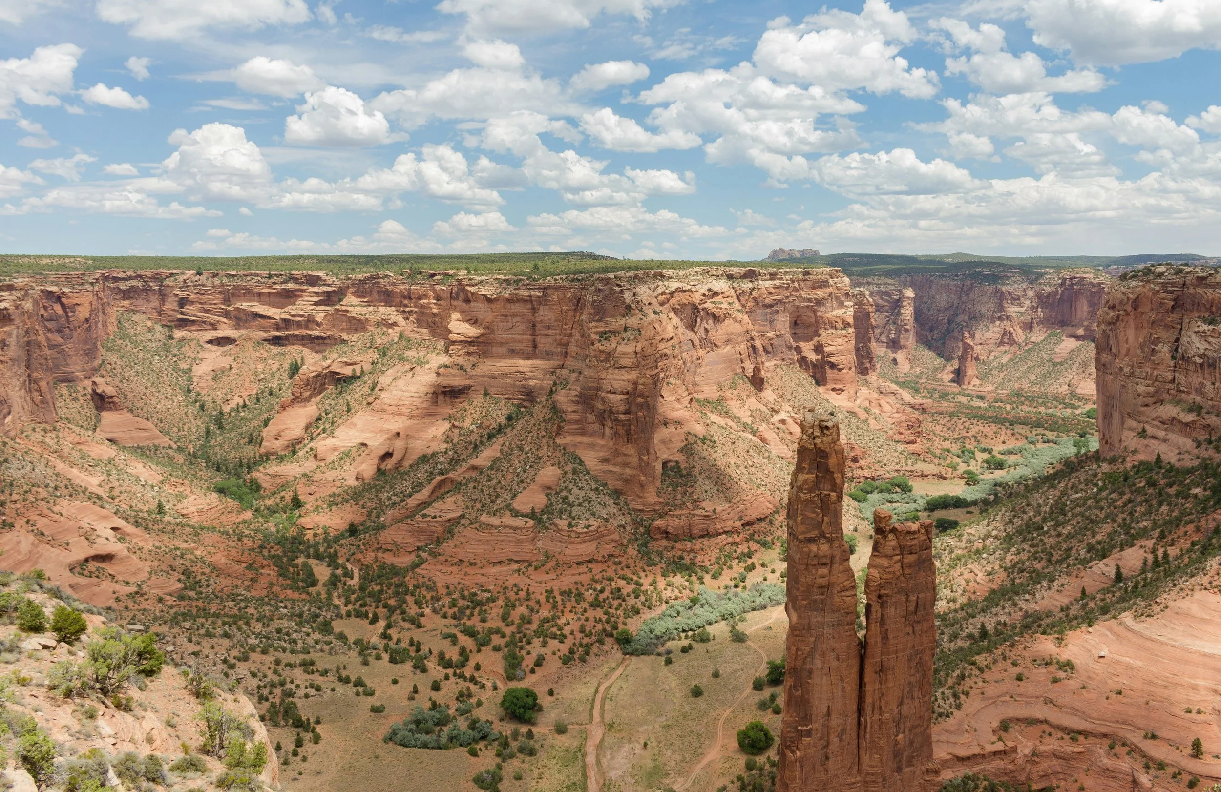 A panoramic view of a canyon with tall, reddish rock formations, green vegetation, and a partly cloudy sky.