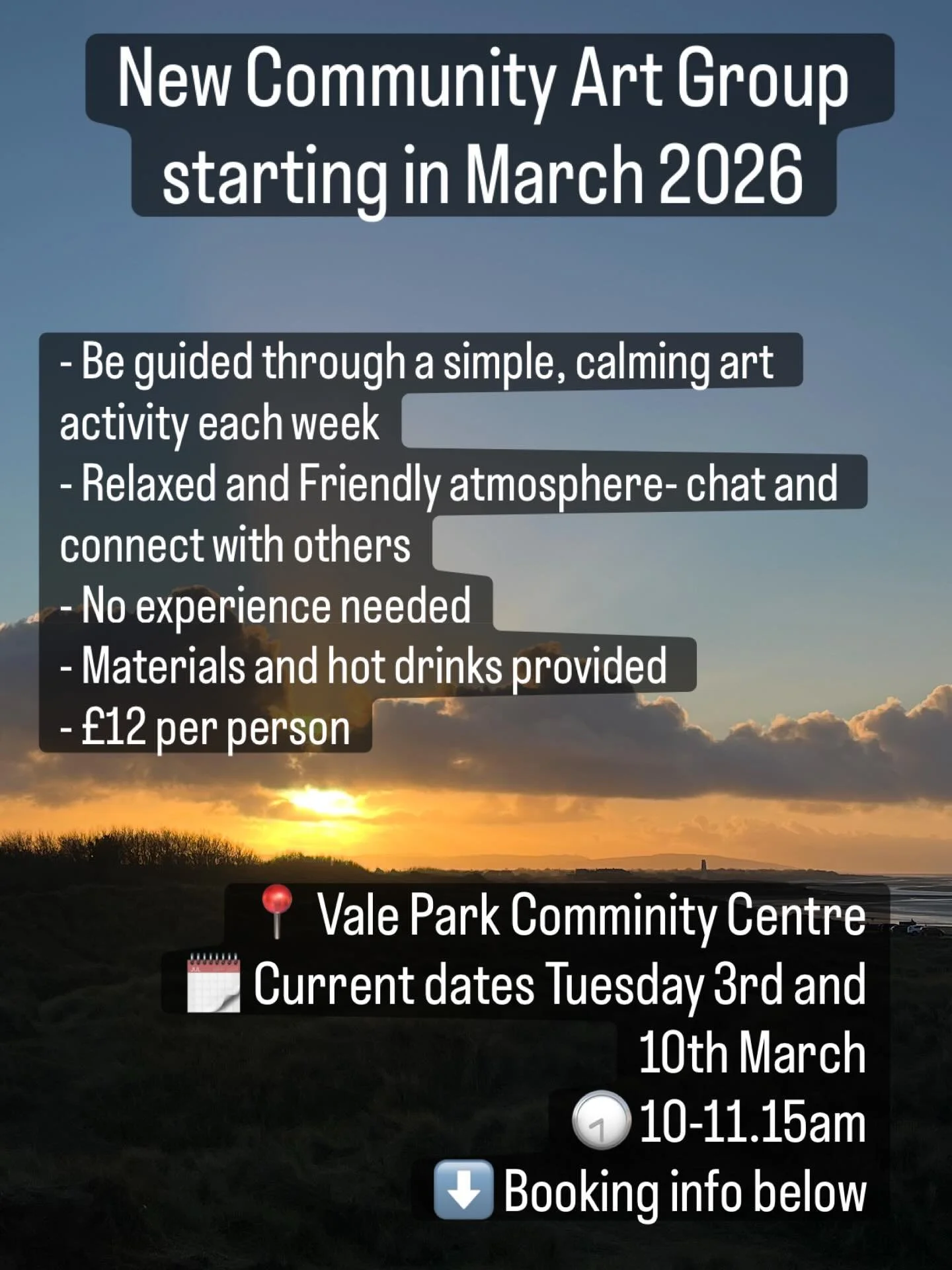 Excited to be starting a new Community Art Group on Tuesday mornings at Vale Park Community Centre in New Brighton. 

Book now for the 3rd or 10th March- depending on interest we are hoping to make this a weekly group. 

Relaxed and friendly atmosphe