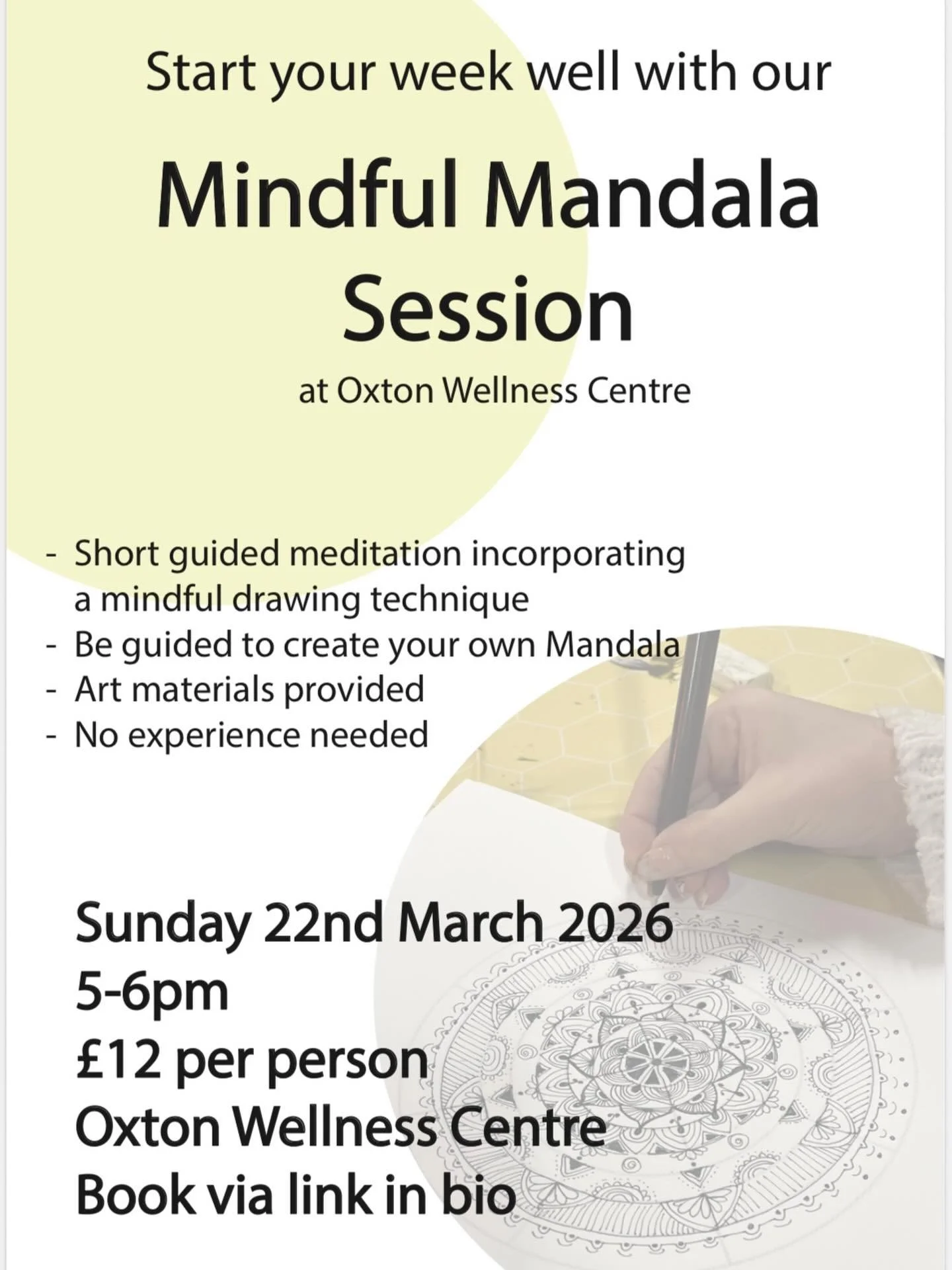 Join us for a mindful art session in the lovely setting of Oxton Wellness Centre ✍️ 

You will be guided how to create your own Mandala- an art form designed to cultivate calm and focus the mind. 

Relaxed and friendly atmosphere. Limited spaces avai
