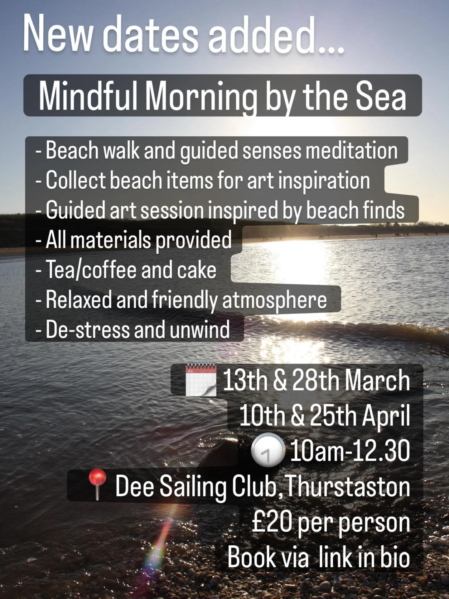 New dates added for our &lsquo;Mindful Morning by the Sea&rsquo; workshops ✨

We will be based at the Dee Sailing Club in Thurstaston, with lovely views of the Dee Estuary and Wales.

The sessions are led by Chris Duncan, a local artist who also has 